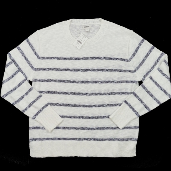New JCREW Size M Striped Crewneck Beach Sweater White Ant Navy $89 CJ207 - Picture 4 of 5